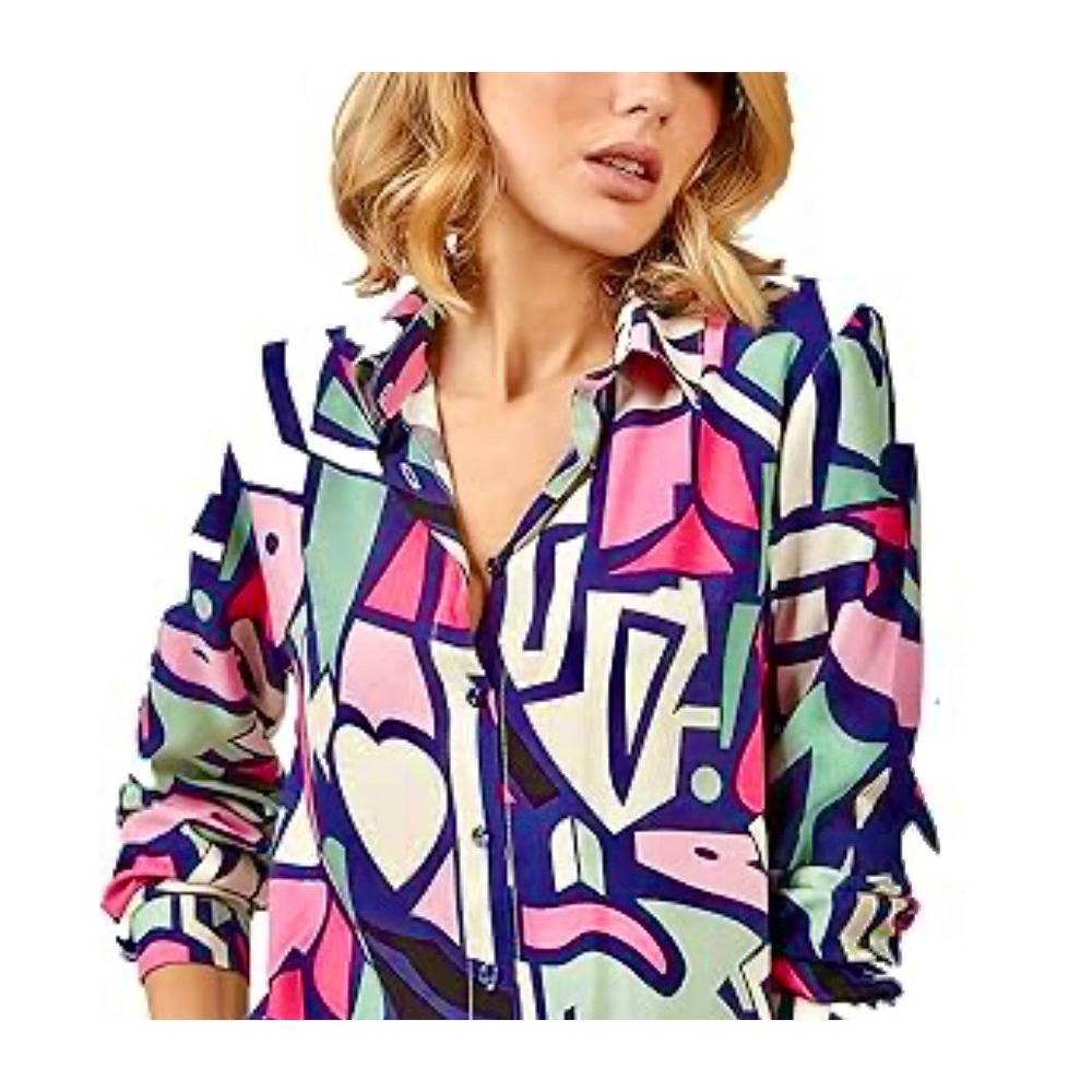 Big Dart Women US 8 Navy Pink 90s Geometric Pop Art Shirt button down retro love